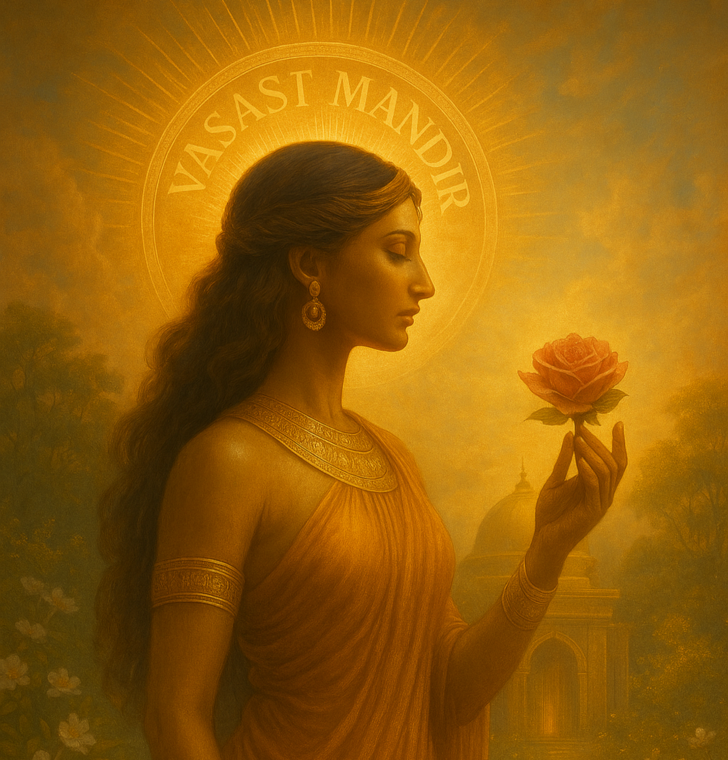 Woman in orange garment holding a rose in a radiant setting
