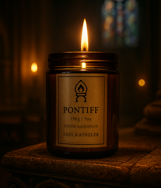 Candle in a jar labeled 'Pontiff' with a blurred stained glass window in the background